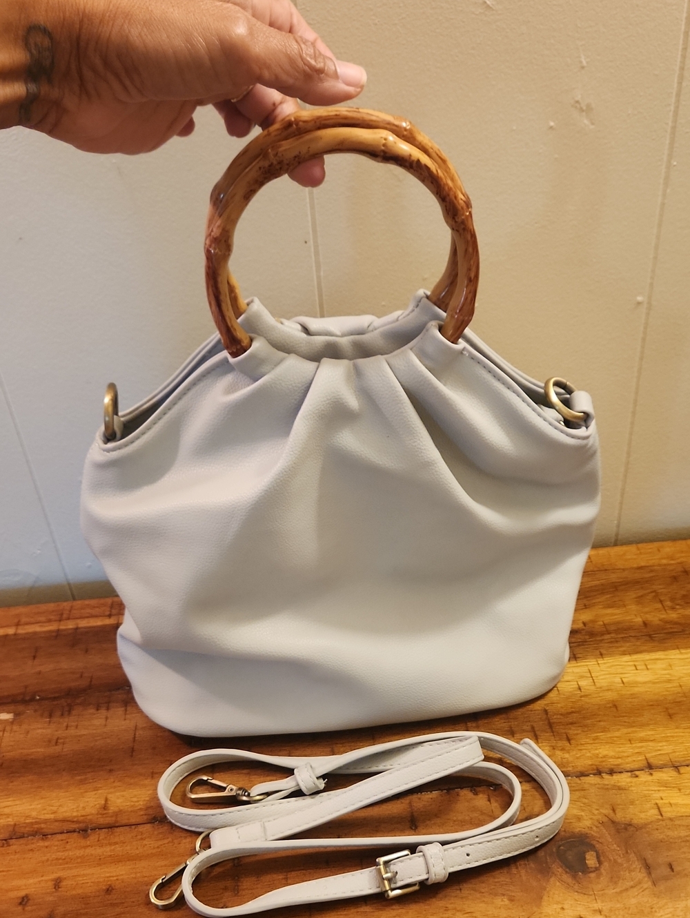 NWOT Joy Susan Natalie Bamboo Handle Pouf Crossbody Bag Off White Vegan Leather